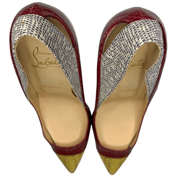 Christian Louboutin Snakeskin Embossed Cutout Pump EU 37.5 US 7.5 Red High Heels - Picture 5 of 12
